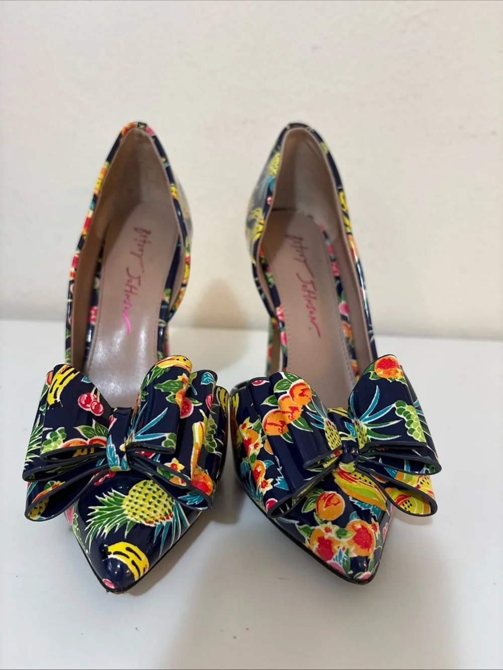 Betsey Johnson Prince Tropical Navy Floral & Fruit Bow Pointed Toe Heels
